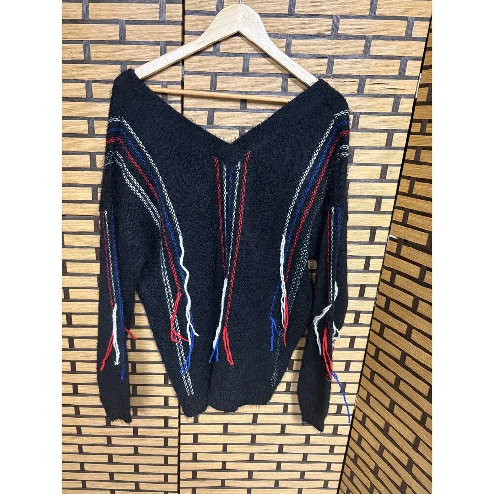 POL Black Multi Color Fring‎ V Neck Sweater Size Medium